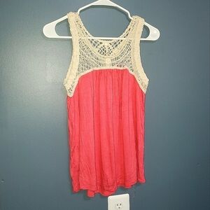 Coral Tanktop with Cream Crochet Top Medium